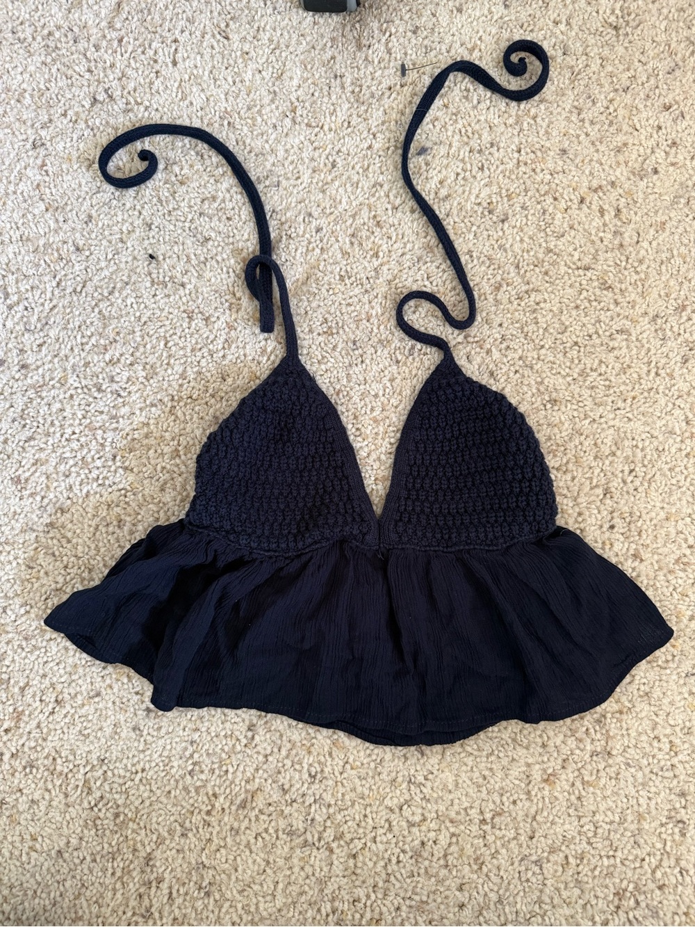 Garage navy blue Crochet Halter Peplum Crop Top